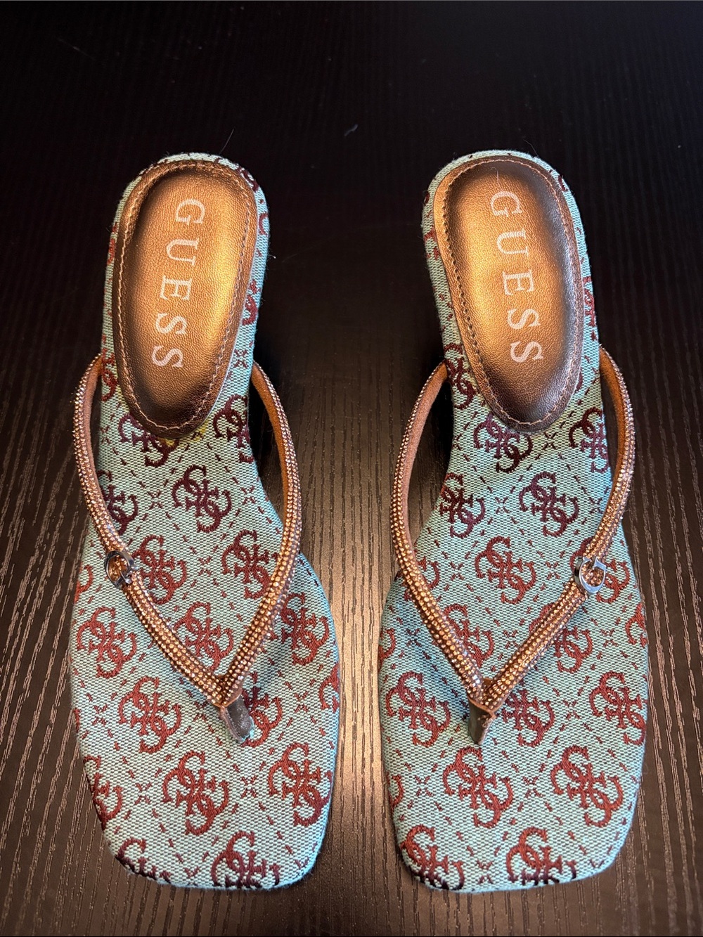 GUESS Aqua and Brown Logo Thong Sandals - Size 8M